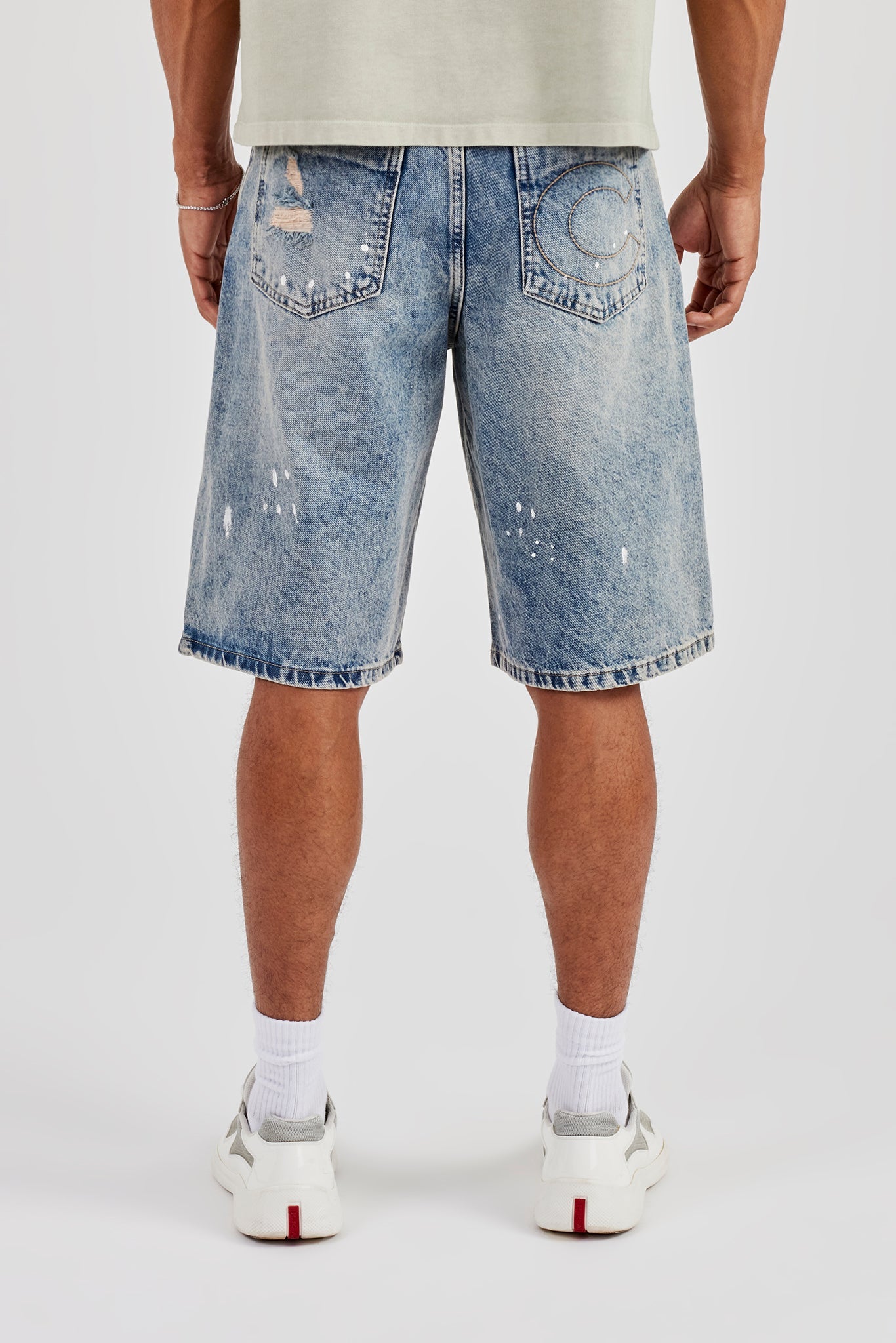 Paint Splatter Denim Bermuda Jorts - Antique Wash